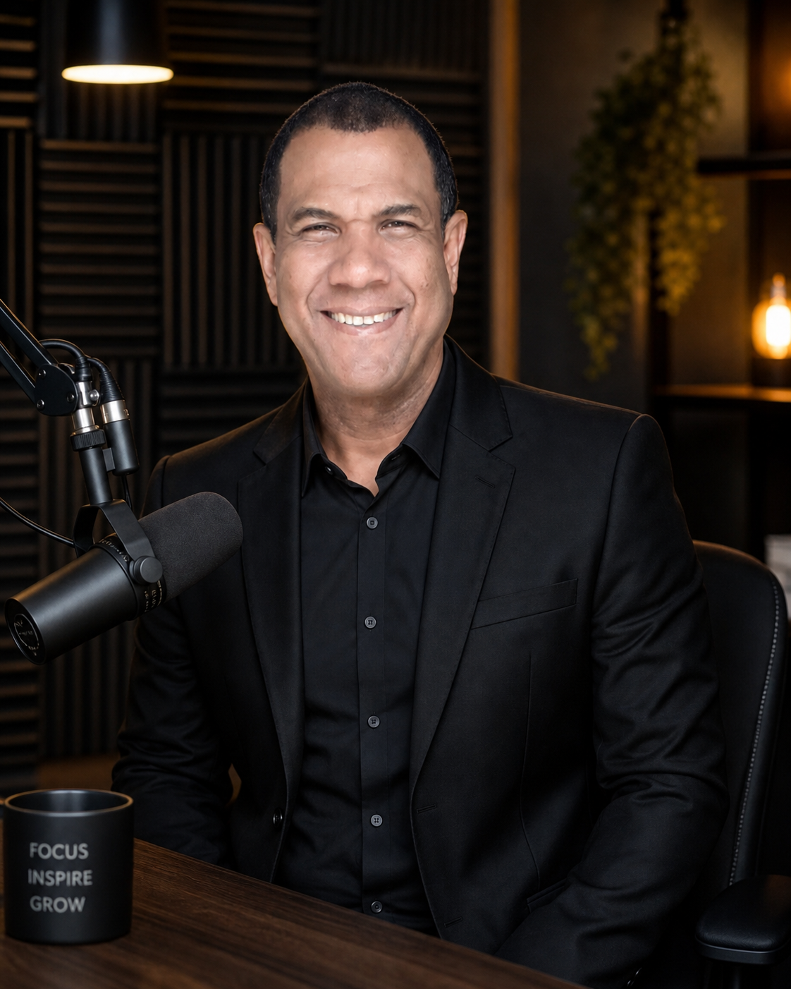 José Dias em seu estúdio de podcast, vestindo terno preto